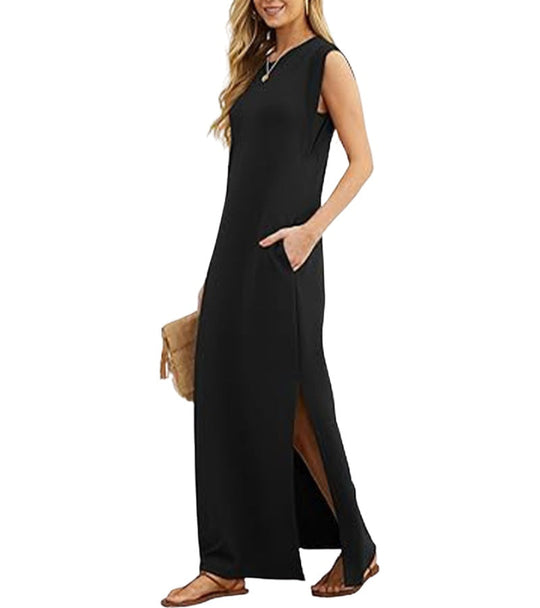 Romaisa | Lässiges, langes Kleid mit Schlitz aus bügelfreiem Stoff