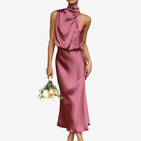 Benthe - Lange Satin Kleid mit Halterneck