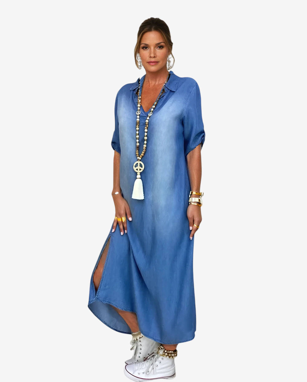 Lea™ | Langes Kleid im Jeans-Look mit Seitenschlitz