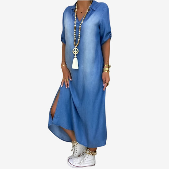 Lea™ | Langes Kleid im Jeans-Look mit Seitenschlitz