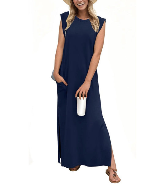 Romaisa | Lässiges, langes Kleid mit Schlitz aus bügelfreiem Stoff