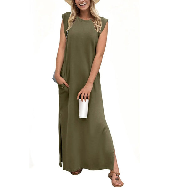 Romaisa | Lässiges, langes Kleid mit Schlitz aus bügelfreiem Stoff